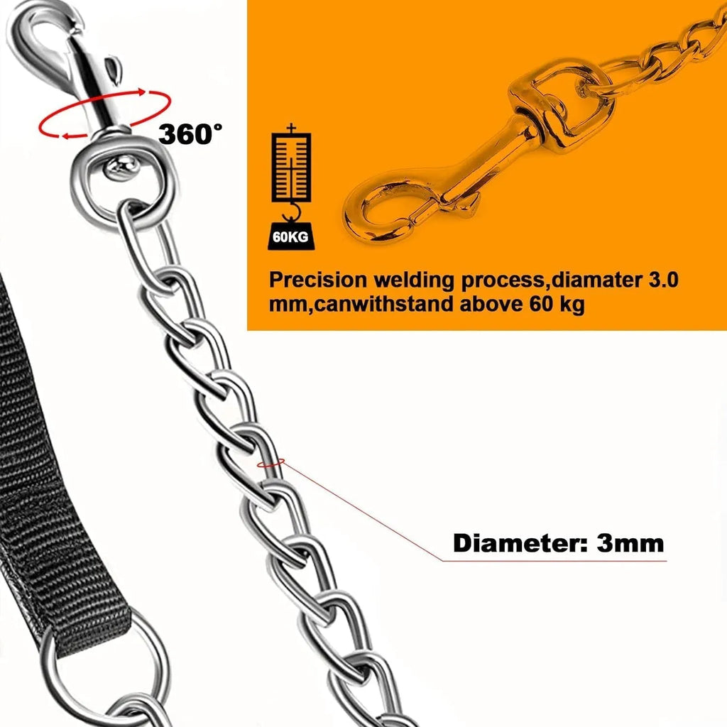 Black heavy duty metal dog chain leash with a soft blue padded handle, shown at full 120cm length.