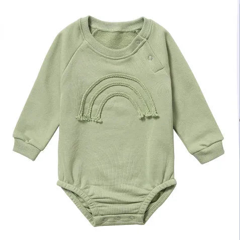 Waffle cotton baby romper with long sleeves in beige colour with cotton rope ties