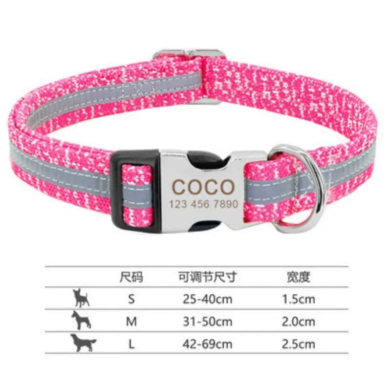 A general dog collar shown in black, green, and rose red, illustrating the three size options: S, M, and L.