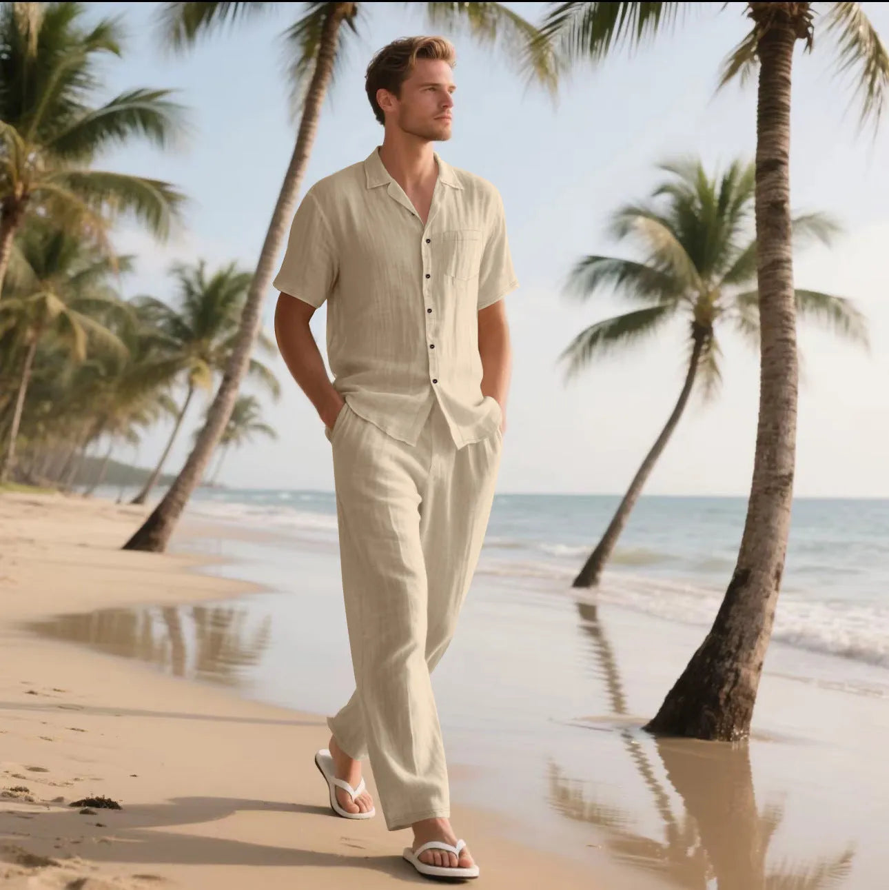Two-piece casual linen-blend button polo beach suit with short sleeves and trousers in khaki colour