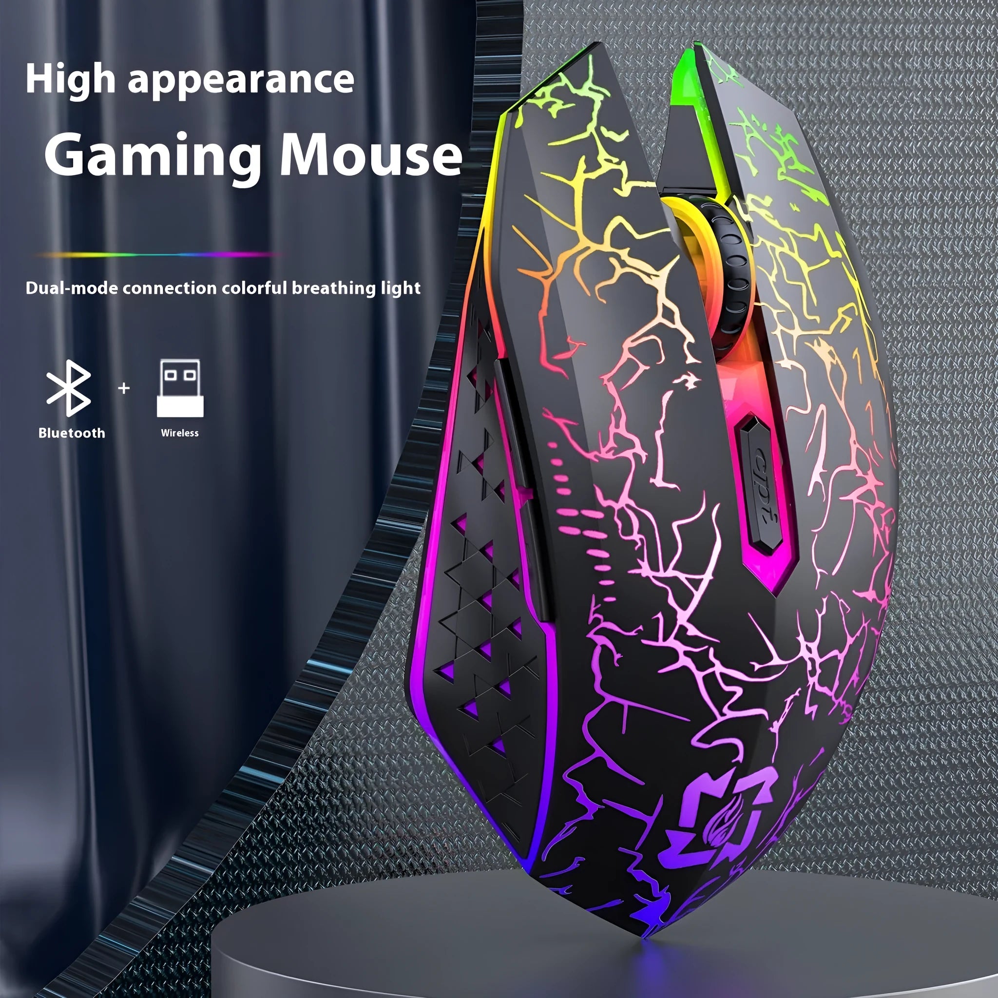 Black and white wireless gaming mouse with RGB lighting, shown with charging cable