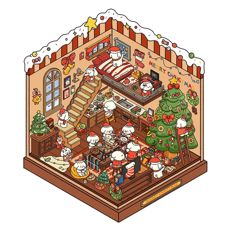 Set of four Korean-style 3D miniature scene stickers featuring brome puppy Bobo in clothing store, flower shop, hot pot restaurant, and Christmas themes