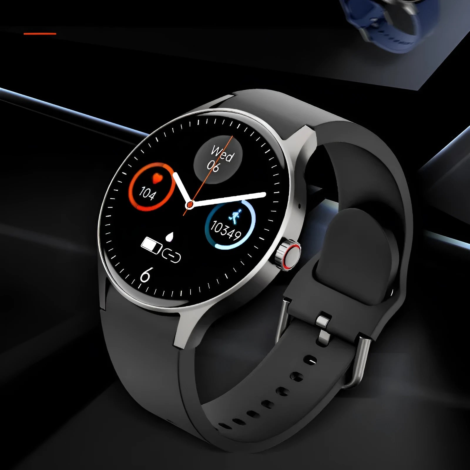 Smart watch with blood sugar detection on wrist showing 1.43 inch AMOLED screen