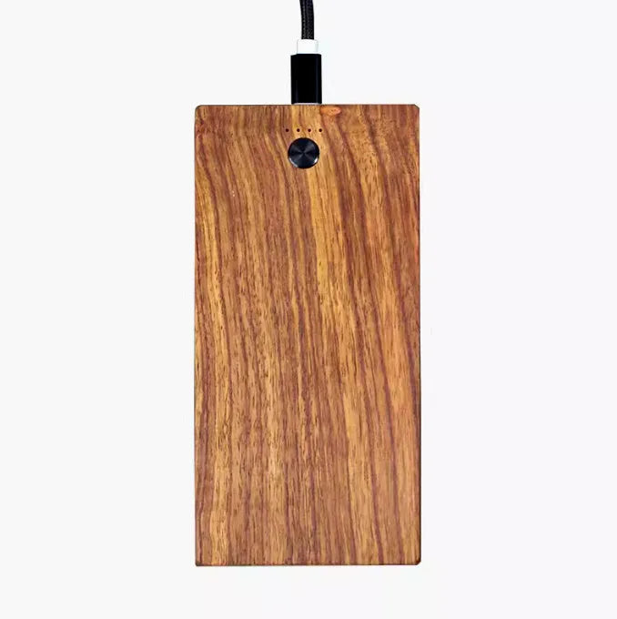 Wooden handicraft power bank with 8000mAh capacity, 156x77x12mm size, black and wood finish