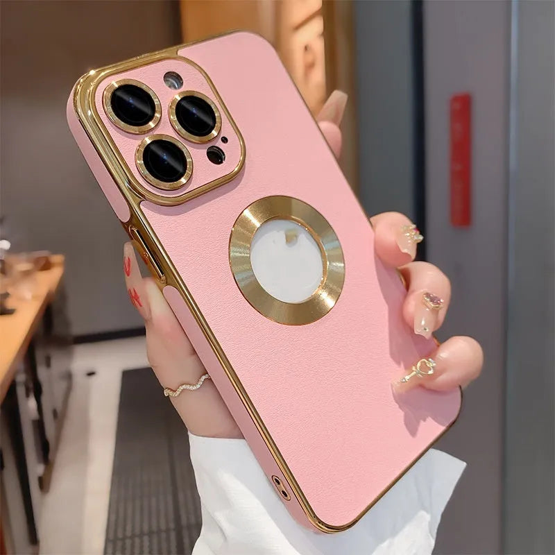 Imitation leather hollow-out electroplated phone case for Apple iPhone in dark purple colour