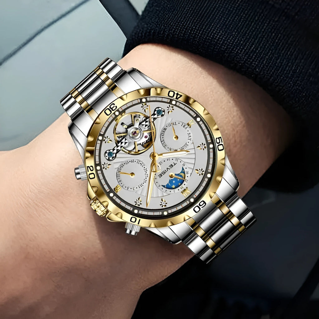 Men's waterproof tourbillon steel belt mechanical watch with black dial and luminous hands on a white background