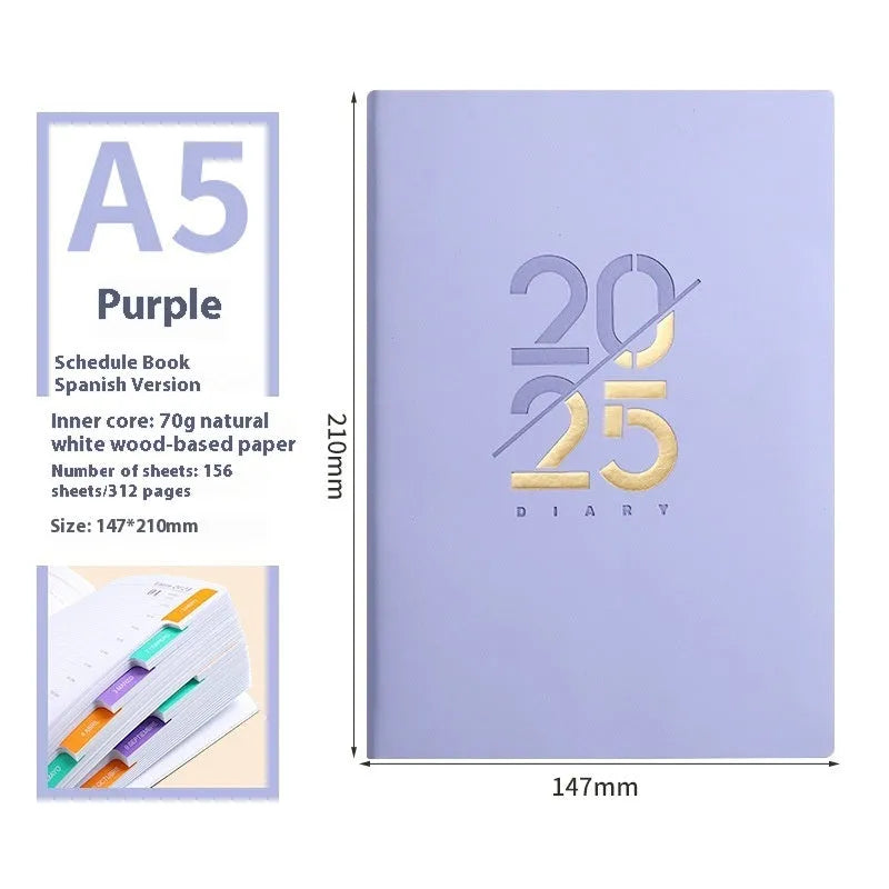 A5 faux leather daily schedule book open showing Dorian paper pages with binding detail