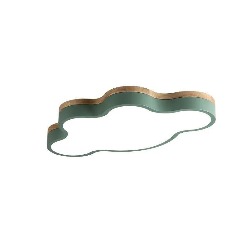 Cloud shaped wooden finish LED ceiling lamp in pink, blue, green or yellow with dimmable lighting