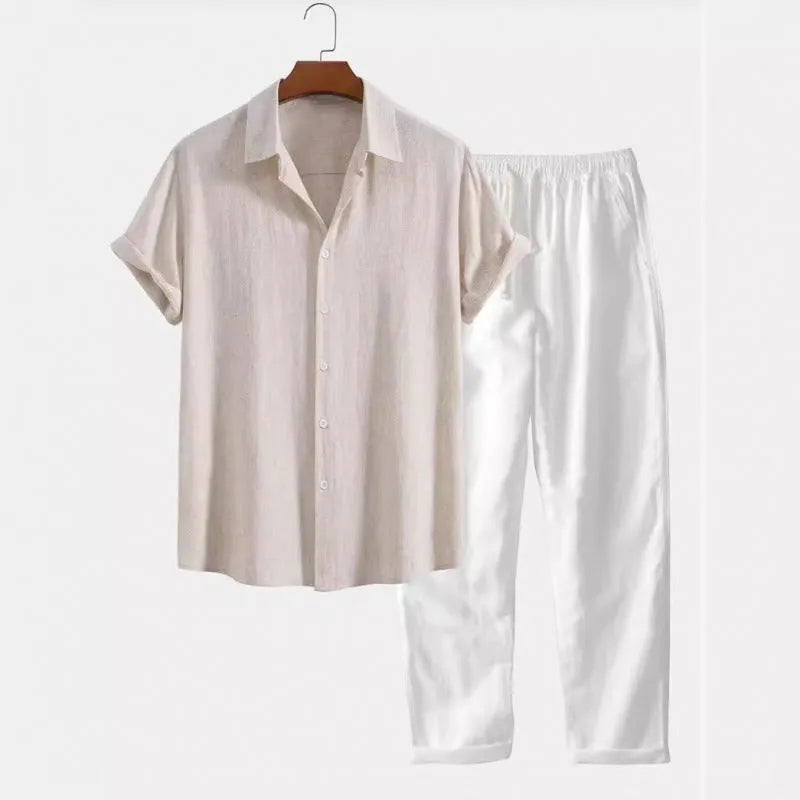 Men's casual loose-fit short sleeve shirt and trousers suit set in a linen-look fabric