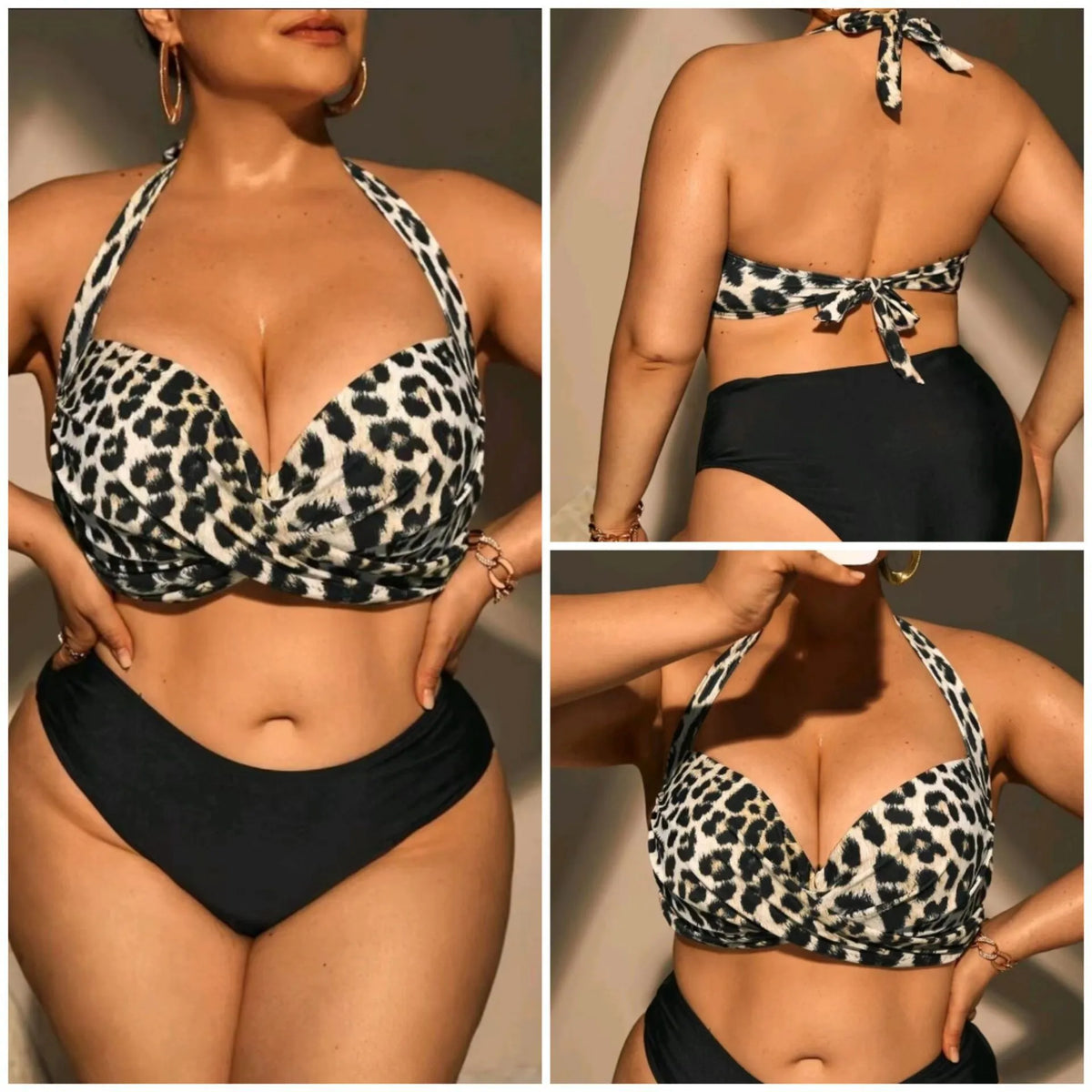 Plus size high waist leopard print bikini set with split top and shorts, showing the nylon and spandex fabric