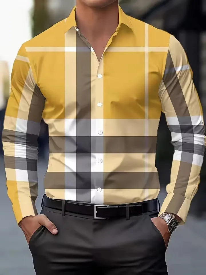 Men's striped long sleeve shirt with button lapel in black, blue, gold, or red.