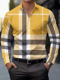 Men's striped long sleeve shirt with button lapel in black, blue, gold, or red.