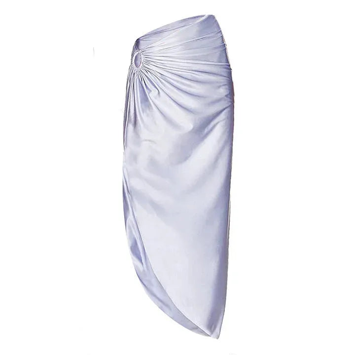 Purple women's one-piece swimsuit with hollow design and matching wrap skirt on mannequin