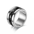 Titanium steel rotating ring with carved geometric band, shown in black or gold, unisex sizes 6 to 13