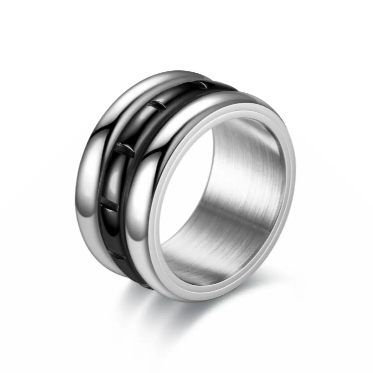 Titanium steel rotating ring with carved geometric band, shown in black or gold, unisex sizes 6 to 13