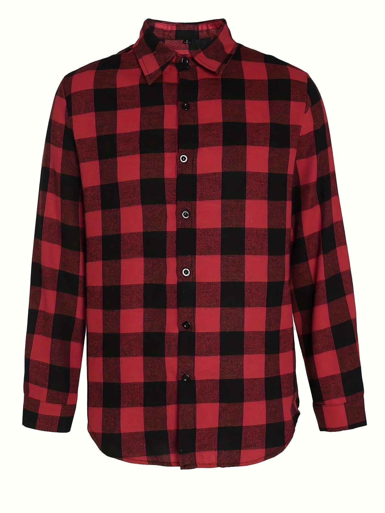 Teenage men's red and black checked long-sleeved casual shirt with button-front closure