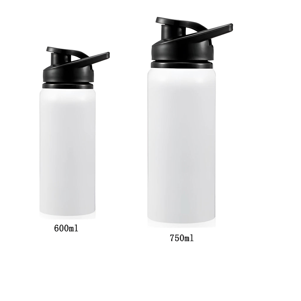 White aluminium sports water bottle for cycling and outdoor activities in 600ml and 750ml capacity options