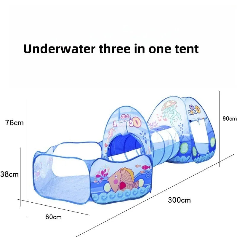Children's three-in-one cloth play tent set with ball pool and tunnel in a cartoon marine or vehicle theme.