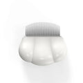 Blue deshedding brush for pets measuring 9cm by 9cm on white background