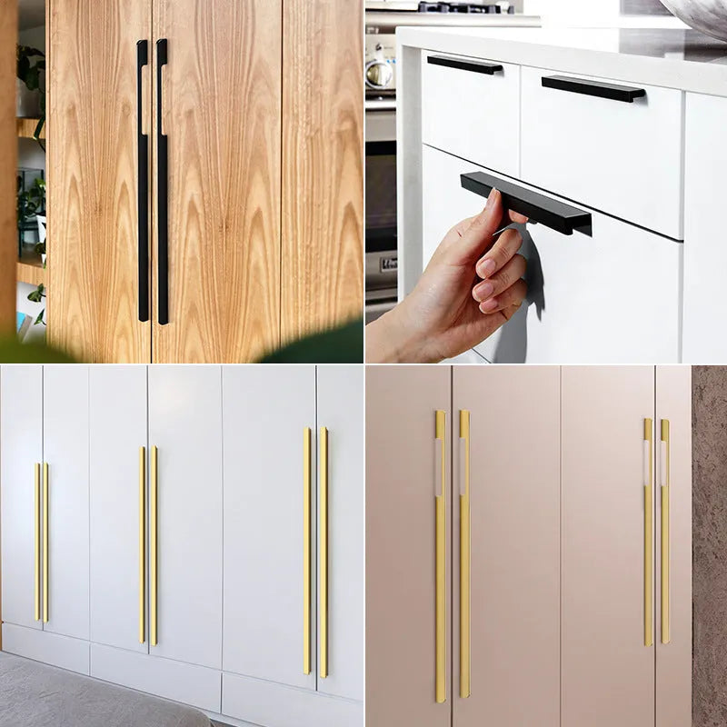 Gold single hole cabinet handle with T-shape design showing hole spacing options