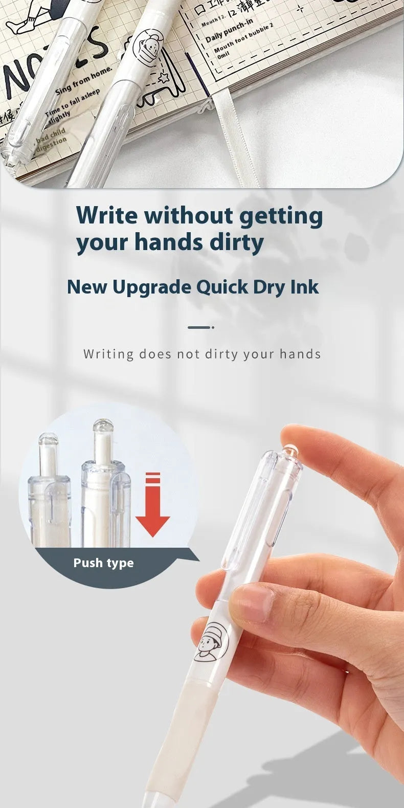 Set of five white and black 0.5mm ballpoint pens with quick-drying ink.
