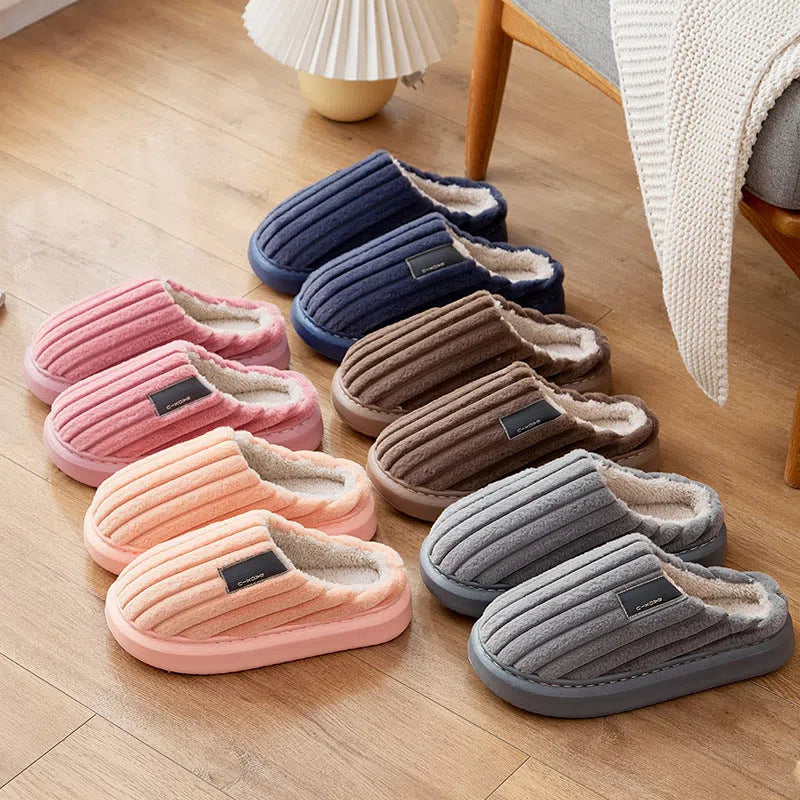 Warm plus-size men's casual slippers with plush upper in striped pattern, available in multiple colours