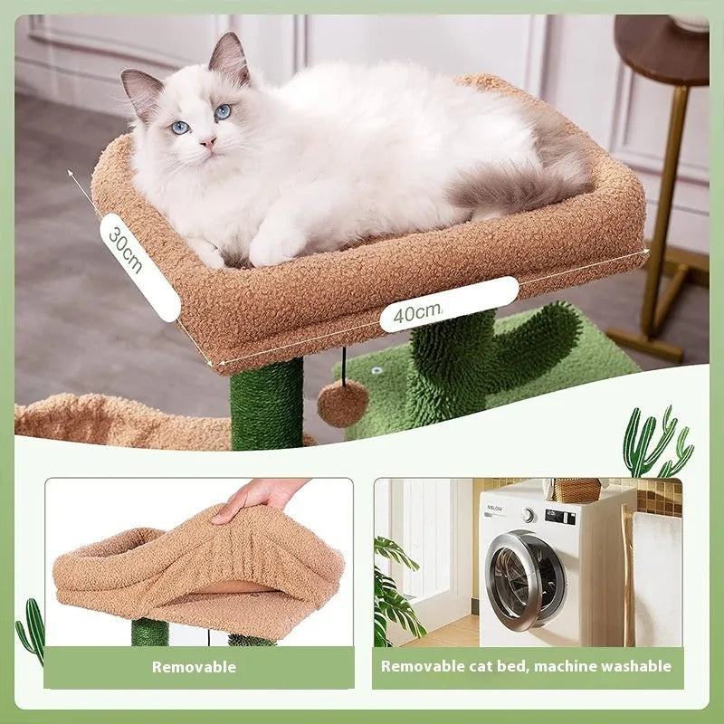 Cactus green wood cat climbing frame 43x33x87cm with shelf platform for small cats