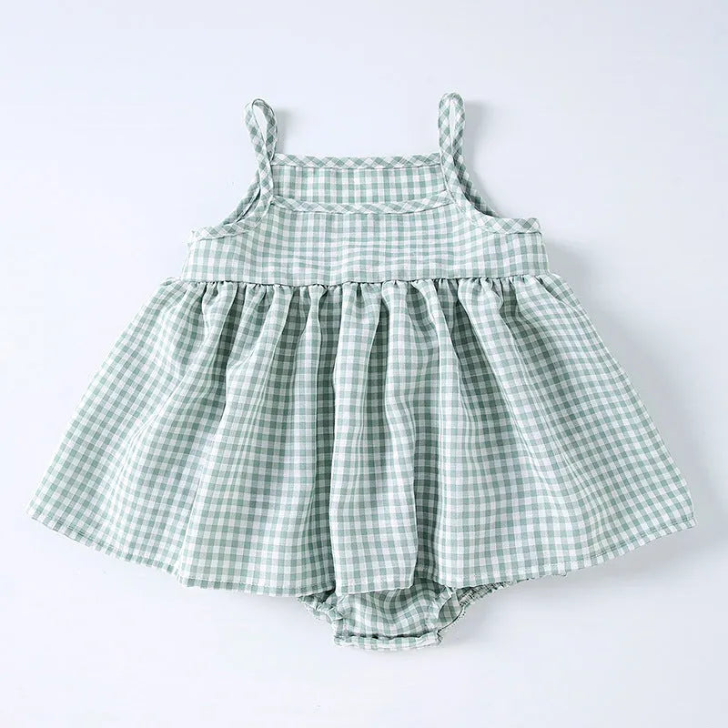 Baby sling romper dress in plaid pattern, princess style, polyester, available in pink or light green, sizes 68-86