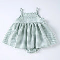 Baby sling romper dress in plaid pattern, princess style, polyester, available in pink or light green, sizes 68-86