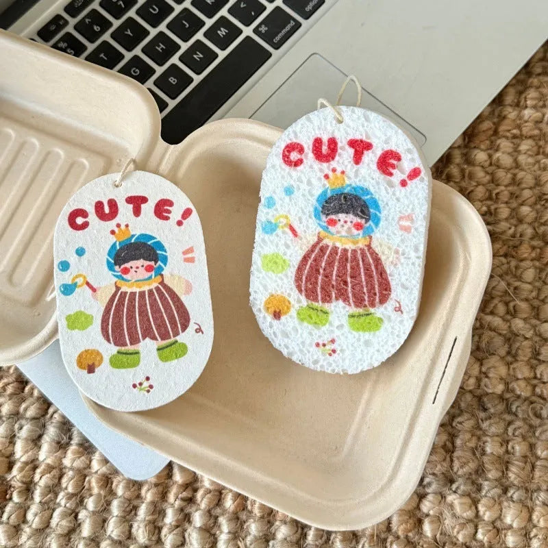 Cellulose sponge cloth for kitchen dishwashing with cartoon compression design, one rag piece.