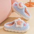 Women's light blue cartoon fleece-lined slippers with animal print and PVC sole