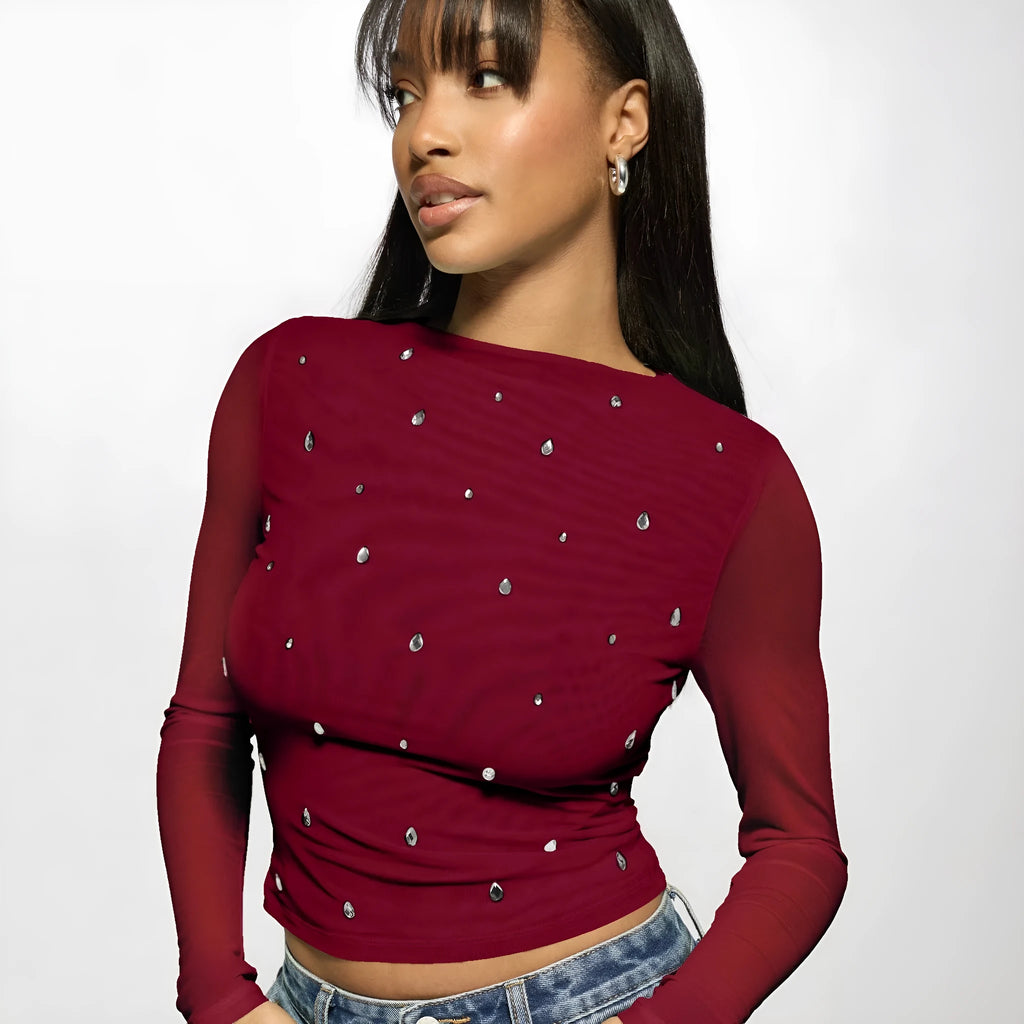 Wine red women's long sleeve mesh rhinestone bottoming top pullover