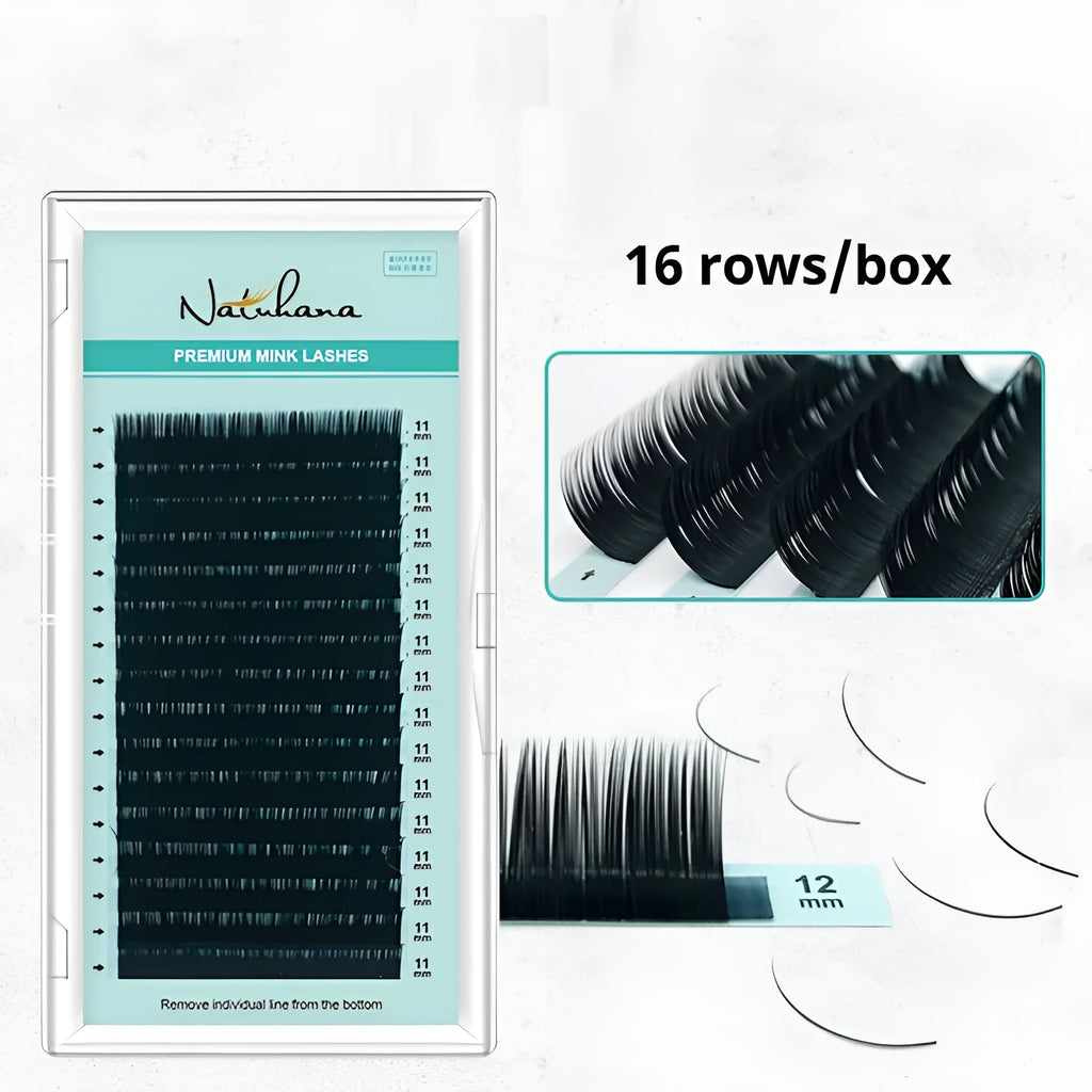 Soft velvet false eyelashes on a card, showing artificial fibre strands in various lengths.