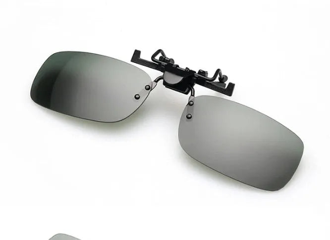 Clip-on driving sunglasses with night vision, dark green, and grey lens options in large and small PC frames.