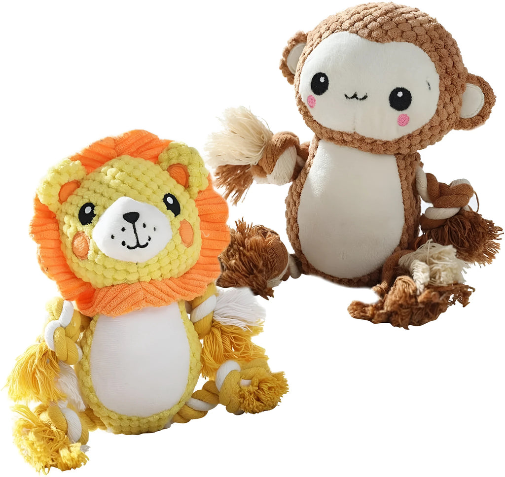 Stuffed squeaky dog toys bundle showing lion and monkey plush designs with internal squeakers