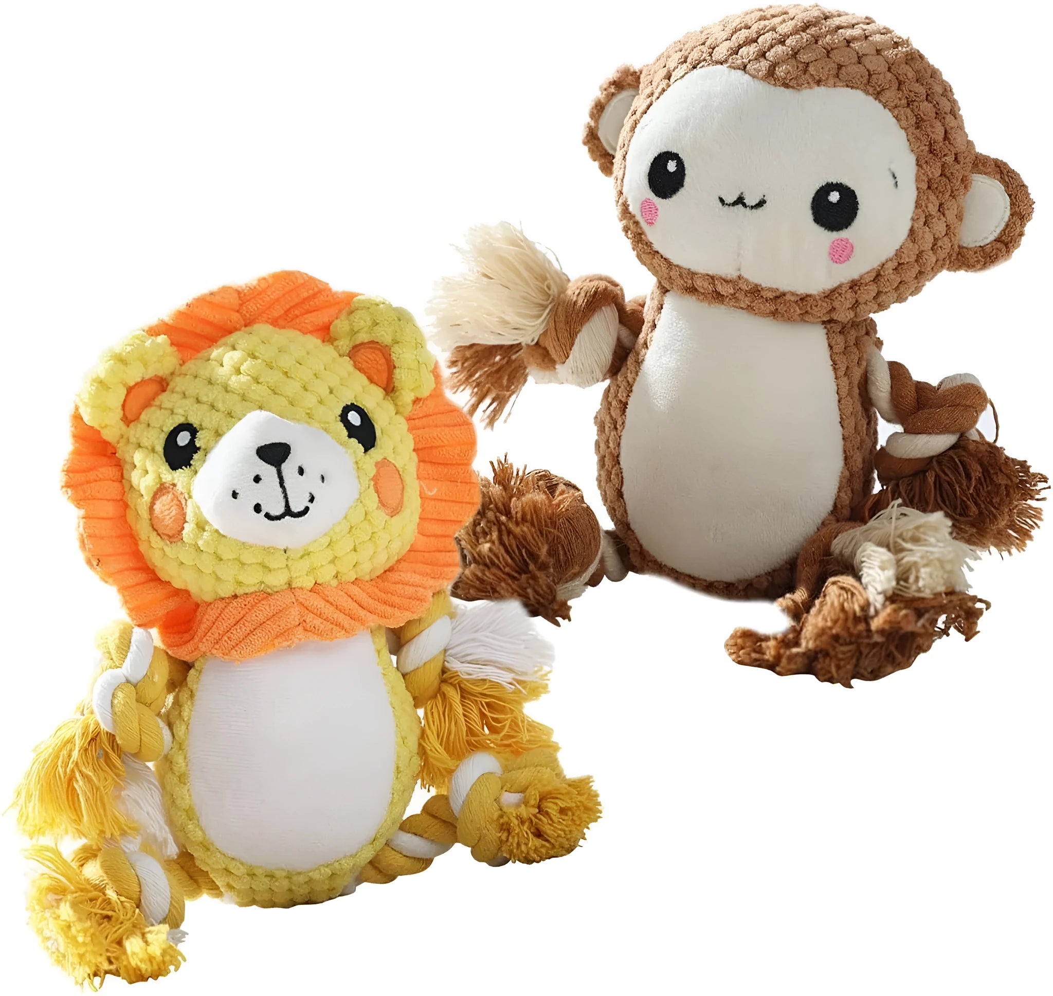 Stuffed squeaky dog toys bundle showing lion and monkey plush designs with internal squeakers