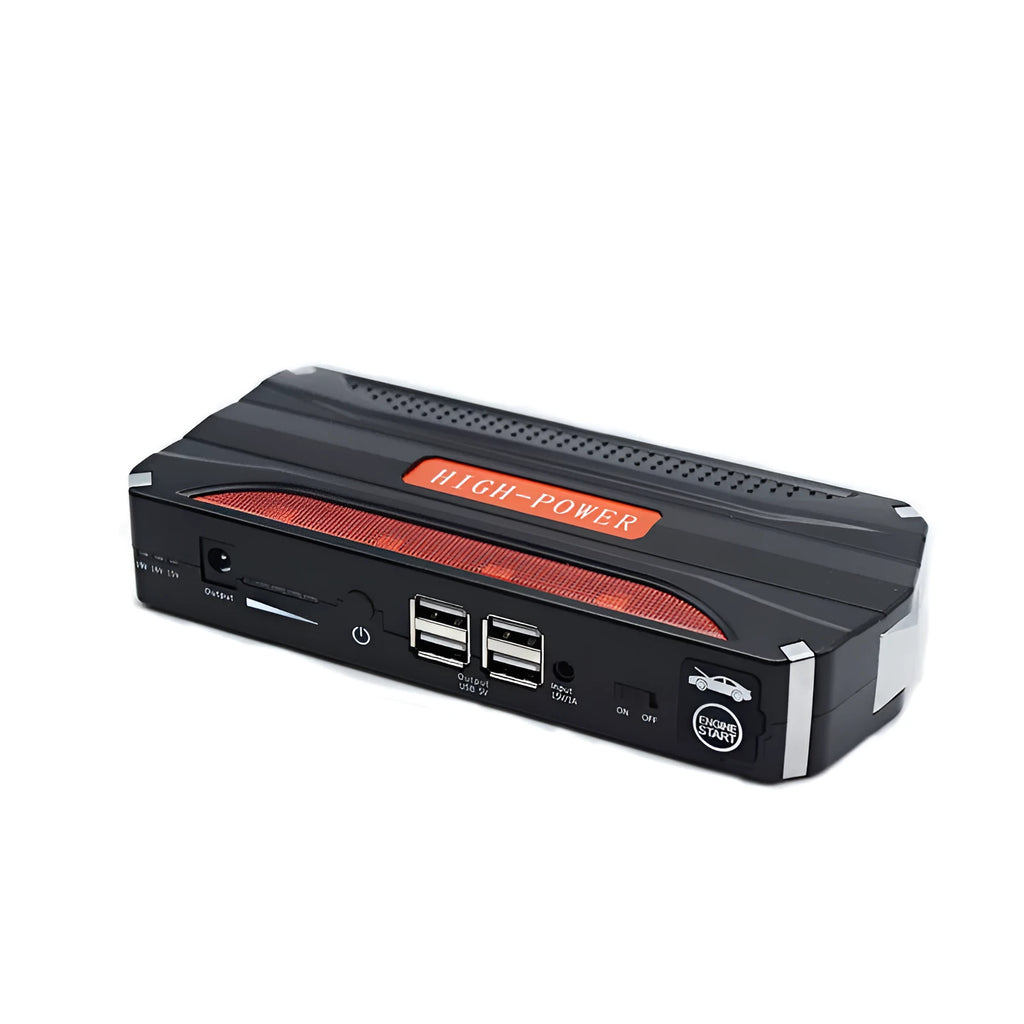 Black red 12V emergency jump starter power bank with 7800mAh capacity for vehicle starting