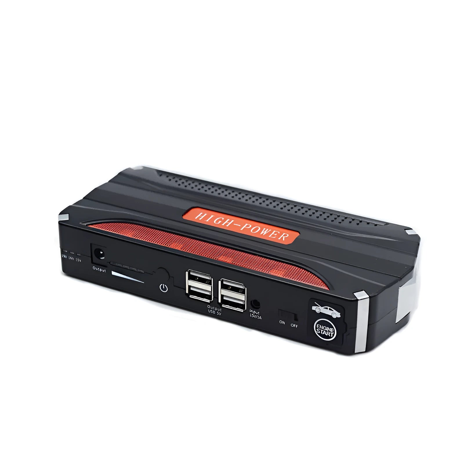 Black red 12V emergency jump starter power bank with 7800mAh capacity for vehicle starting