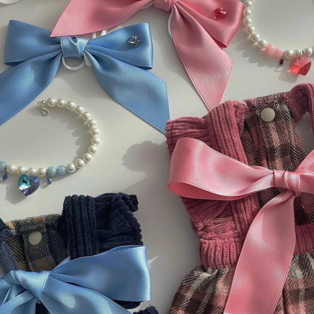 Adjustable dog hair band with princess-style bow on double-sided polyester cotton ribbon