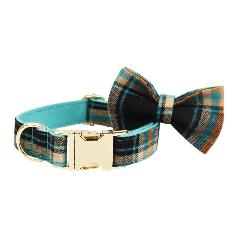 Green retro fabric dog collar, leash, harness, and bow tie four-piece set for pets