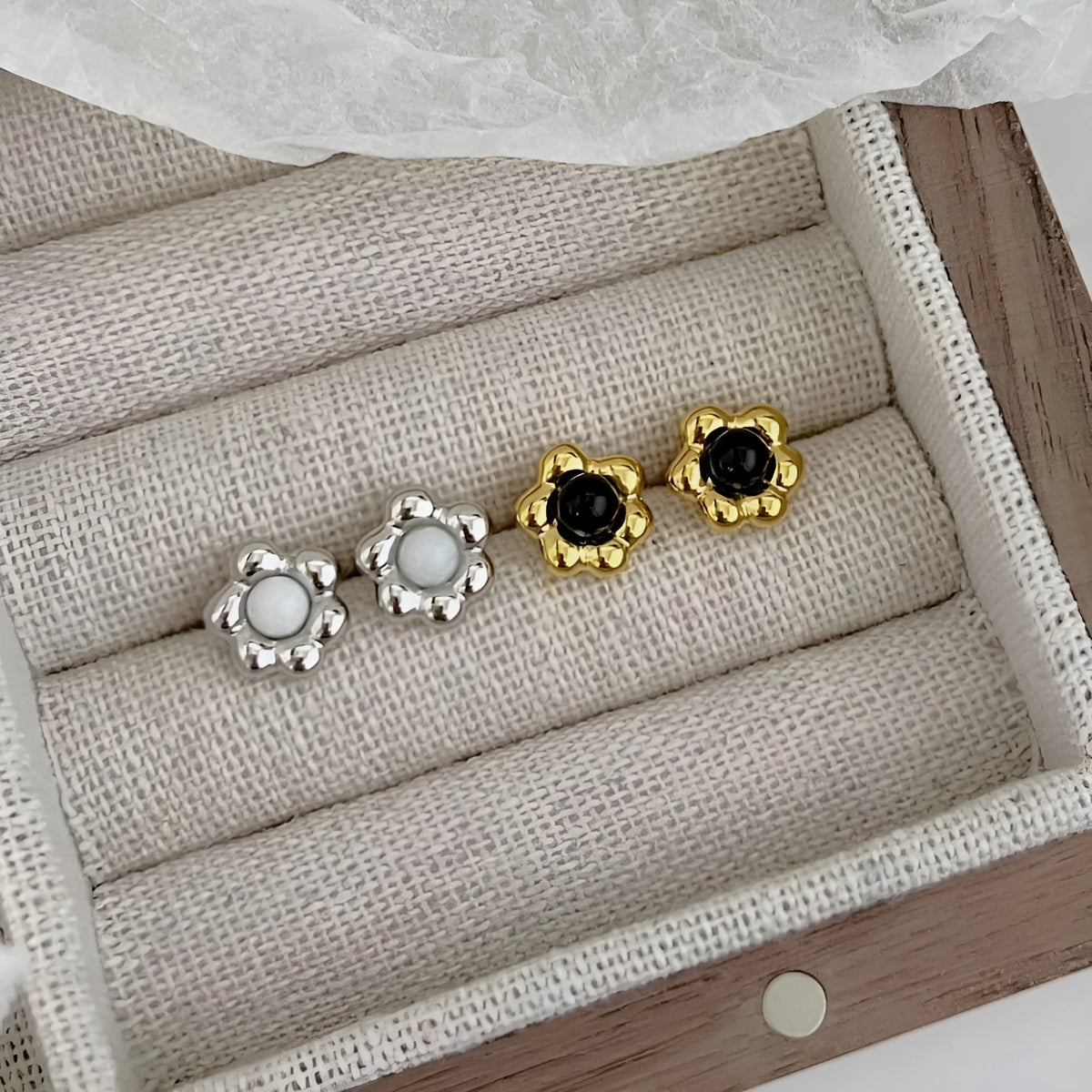 Pair of S925 sterling silver ear studs with black agate flower centre, gold colour, simple geometric shape