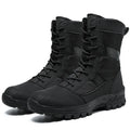 Men's black and camouflage mesh high-top combat boots showing totem detailing and sports styling
