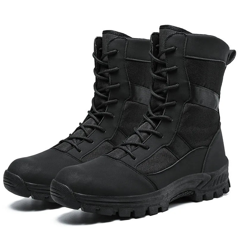 Men's black and camouflage mesh high-top combat boots showing totem detailing and sports styling
