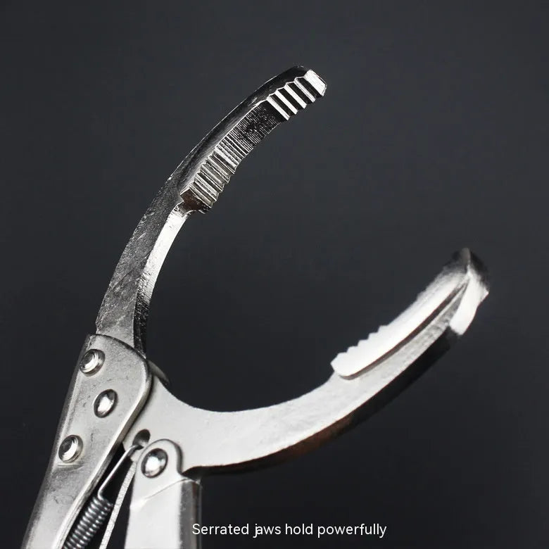 Adjustable clamp-style oil filter wrench with three jaws, made from black 45 steel, showing size adjustment mechanism