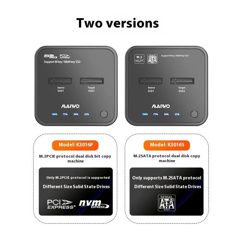 MAIWO K3016 M.2 SSD docking station and hard drive duplicator unit with cables.