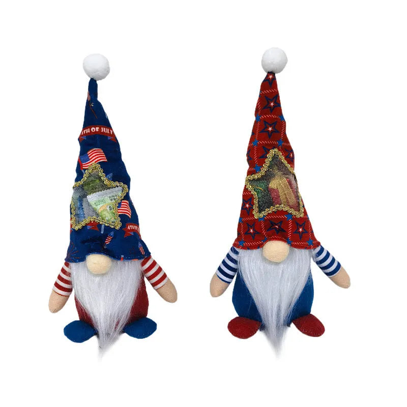 Two faceless baby doll Christmas decorations in suit costumes with Rudolf sack design