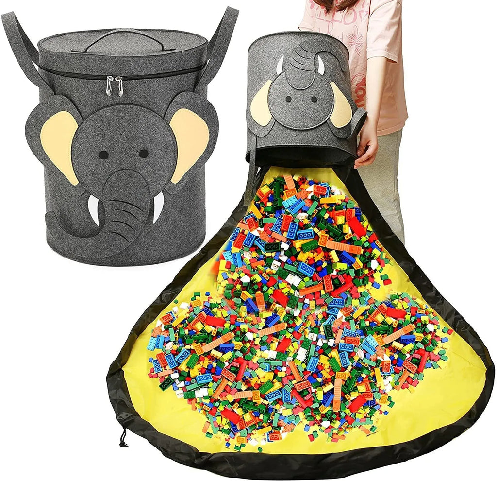 Green felt storage cube with pull rope converts to flat play mat for toy organisation