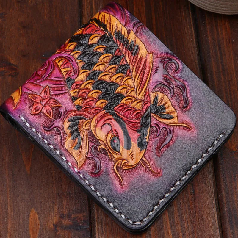 Men's handmade cow leather short wallet in red, blue, or gold, showing open closure and dimensions