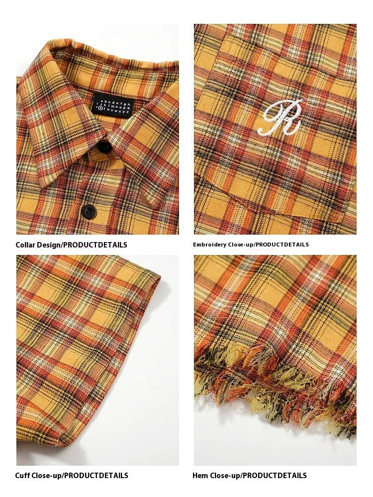 Yellow plaid loose fit short sleeve button-up shirt for men and women