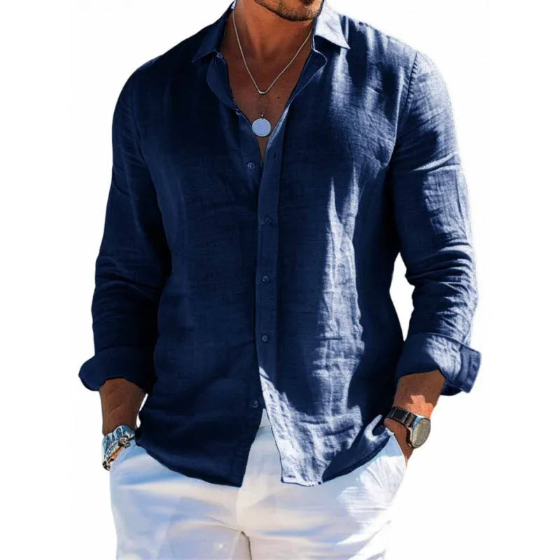 Men's long sleeve casual loose lapel button shirt in solid colour, sizes S to 6XL, polyester fibre